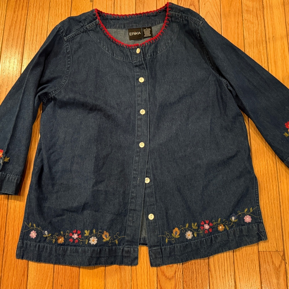 Erika Dark Blue Embroidered Denim Jacket grannycore gardening